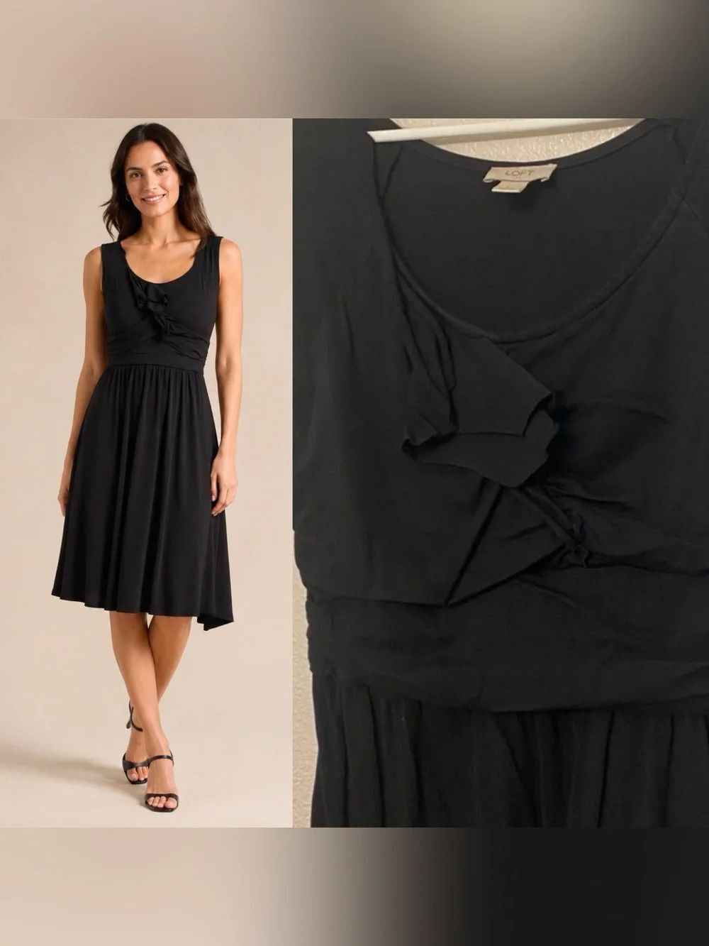 LOFT Black Modal Jersey Ruffle Front Fit & Flare Dress Women’s Large Sleeveless